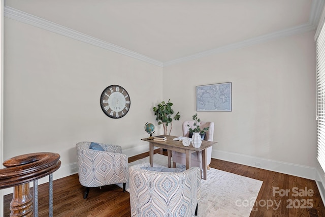 office featuring wood finished floors, baseboards, and crown molding