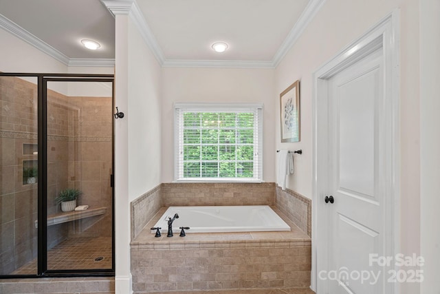 full bathroom with a shower stall, a garden tub, and crown molding