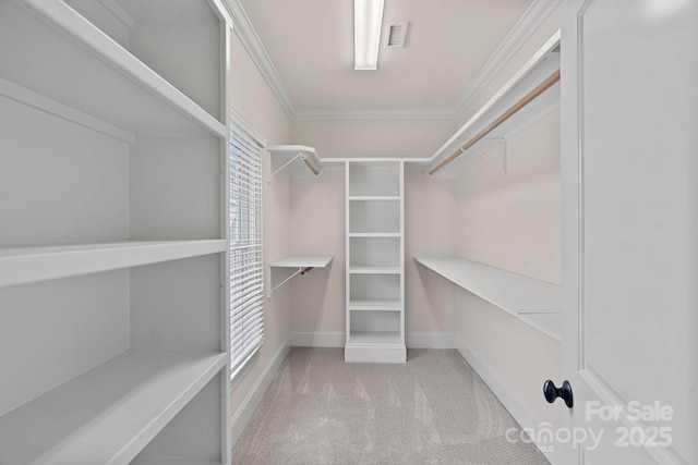 walk in closet with visible vents and light colored carpet