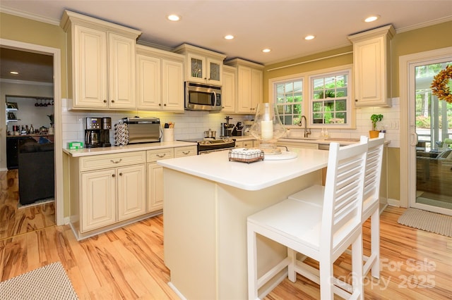 10316 Whitethorn Dr, Charlotte, NC 28277 - kitchen featuring light countertops, a sink, appliances with stainless steel finishes, and crown molding