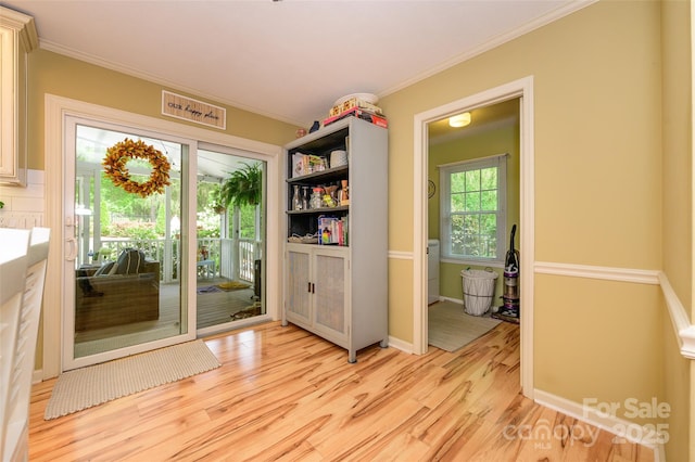 10316 Whitethorn Dr, Charlotte, NC 28277 - doorway to outside featuring crown molding, light wood finished floors, and baseboards