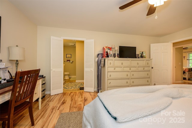 10316 Whitethorn Dr, Charlotte, NC 28277 - bedroom featuring light wood-style flooring, baseboards, ensuite bathroom, and ceiling fan