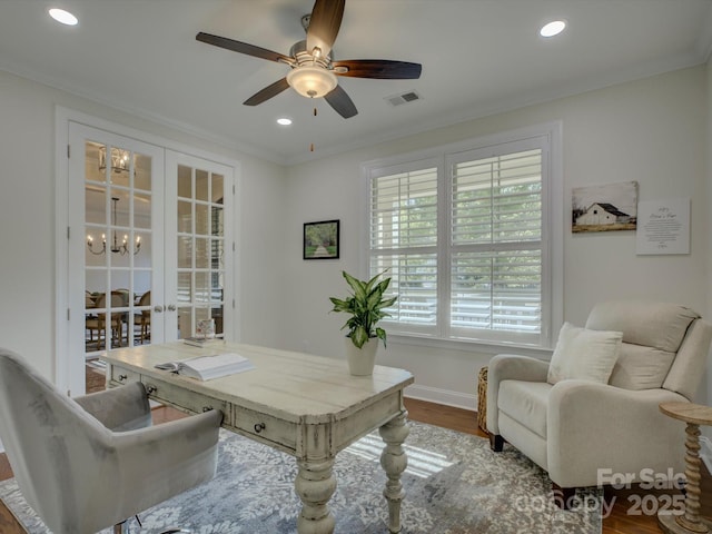 712 Chase Ct, Fort Mill, SC 29708 - office featuring french doors, recessed lighting, a ceiling fan, wood finished floors, and ornamental molding