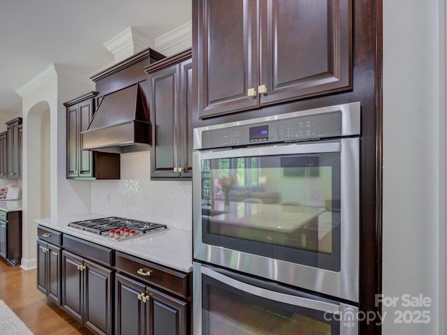712 Chase Ct, Fort Mill, SC 29708 - kitchen with custom exhaust hood, dark brown cabinets, decorative backsplash, appliances with stainless steel finishes, and ornamental molding