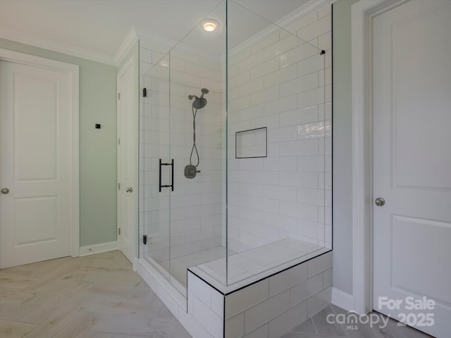 712 Chase Ct, Fort Mill, SC 29708 - full bathroom with baseboards, crown molding, and a stall shower