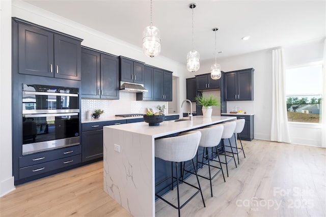 13279 Arnold Palmer Cir Unit 867, Lancaster, SC 29720 - kitchen with stainless steel double oven, under cabinet range hood, light wood finished floors, decorative backsplash, and a breakfast bar