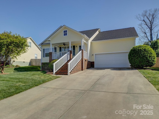 1488 Meadow Glen Ln, Rock Hill, SC 29730 - view of front of property featuring a porch, ceiling fan, a front lawn, an attached garage, and concrete driveway