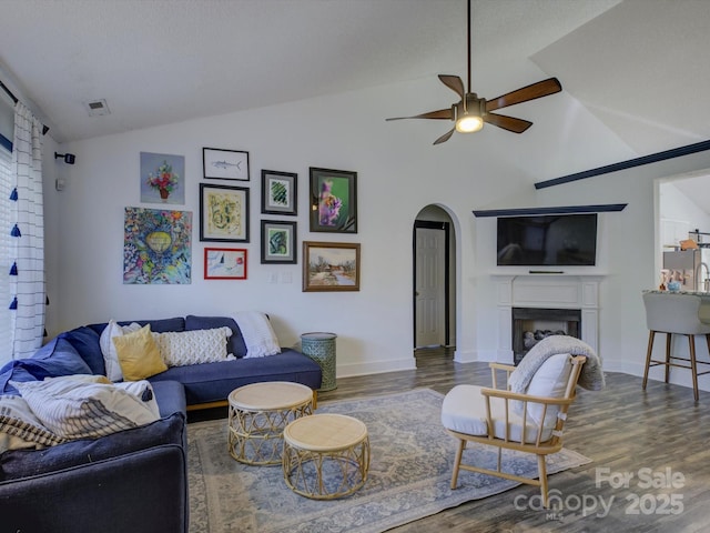 1488 Meadow Glen Ln, Rock Hill, SC 29730 - living area with lofted ceiling, ceiling fan, wood finished floors, arched walkways, and a fireplace