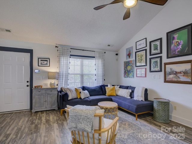 1488 Meadow Glen Ln, Rock Hill, SC 29730 - living area with wood finished floors, a ceiling fan, lofted ceiling, and baseboards