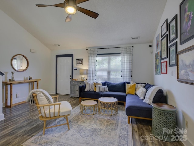 1488 Meadow Glen Ln, Rock Hill, SC 29730 - living room with wood finished floors, ceiling fan, vaulted ceiling, and baseboards