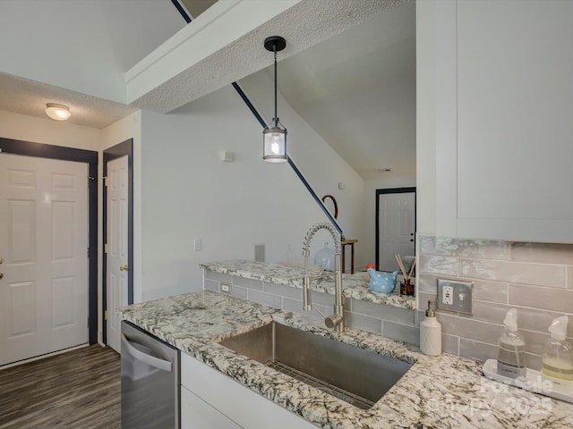 1488 Meadow Glen Ln, Rock Hill, SC 29730 - kitchen with a sink, dishwasher, tasteful backsplash, white cabinetry, and light stone countertops