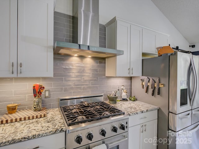 1488 Meadow Glen Ln, Rock Hill, SC 29730 - kitchen with wall chimney range hood, stainless steel appliances, tasteful backsplash, lofted ceiling, and light stone countertops