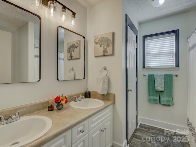 1488 Meadow Glen Ln, Rock Hill, SC 29730 - bathroom with a textured ceiling, double vanity, wood finished floors, and baseboards