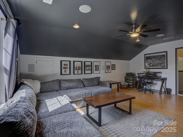 1488 Meadow Glen Ln, Rock Hill, SC 29730 - living room featuring lofted ceiling, wood finished floors, and ceiling fan