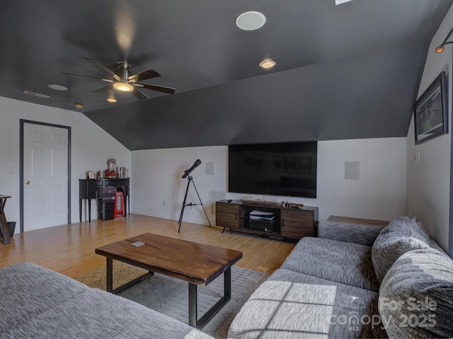 1488 Meadow Glen Ln, Rock Hill, SC 29730 - living room with lofted ceiling, wood finished floors, and a ceiling fan