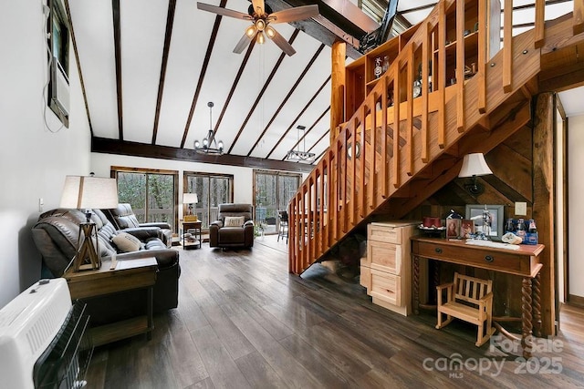 living room with dark wood finished floors, heating unit, high vaulted ceiling, stairs, and ceiling fan with notable chandelier