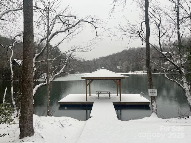 dock area featuring a gazebo and a forest view