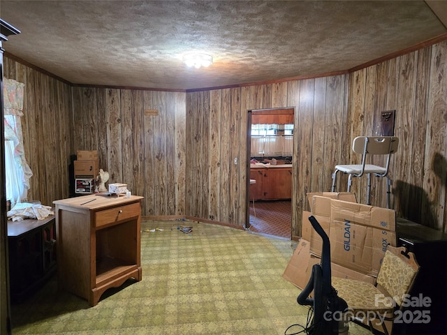 office with wood walls, baseboards, a textured ceiling, and ornamental molding
