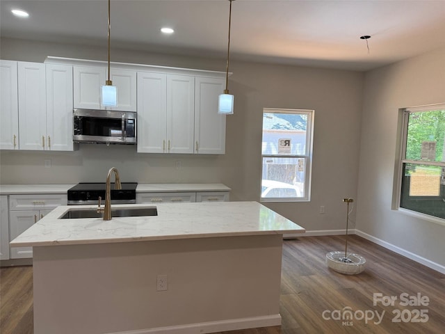 122 39th Avenue Ct NW, Hickory, NC 28601 - kitchen with stainless steel microwave, a sink, dark wood-style floors, hanging light fixtures, and white cabinets