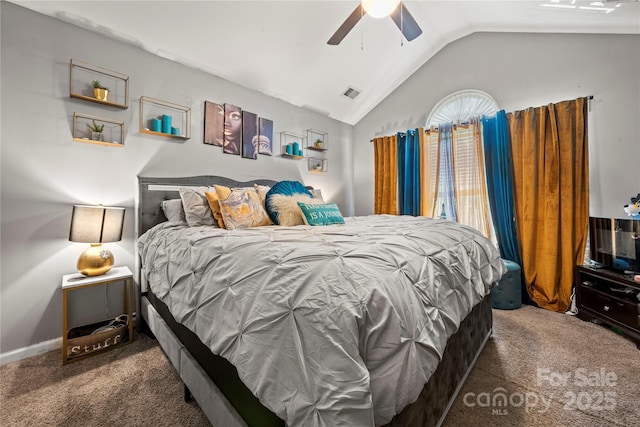 bedroom featuring visible vents, a ceiling fan, lofted ceiling, and carpet