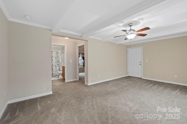 255 Jackson Loop Rd, Flat Rock, NC 28731 - spare room featuring carpet flooring, beam ceiling, ornamental molding, a ceiling fan, and baseboards