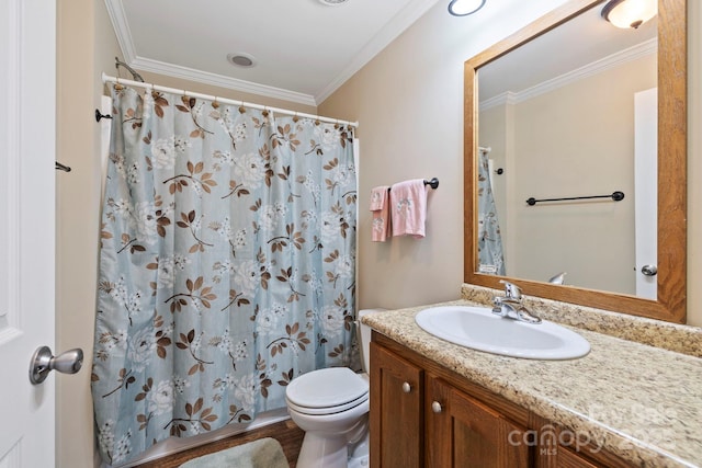 255 Jackson Loop Rd, Flat Rock, NC 28731 - bathroom featuring vanity, toilet, ornamental molding, and a shower with shower curtain
