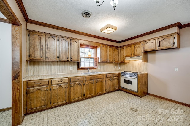 kitchen with visible vents, brown cabinets, a sink, white range with electric stovetop, and under cabinet range hood
