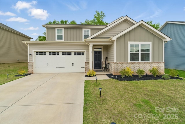craftsman-style home featuring concrete driveway, brick siding, an attached garage, board and batten siding, and a front yard