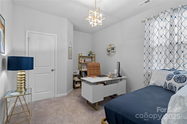 carpeted bedroom featuring baseboards, visible vents, and a notable chandelier