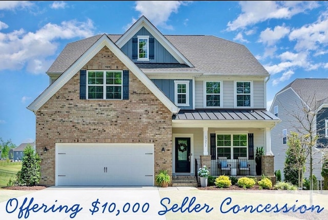17231 Rider Wood Ln, Charlotte, NC 28278 - craftsman inspired home featuring a porch, brick siding, board and batten siding, a standing seam roof, and concrete driveway