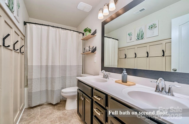 17231 Rider Wood Ln, Charlotte, NC 28278 - full bathroom featuring double vanity, toilet, shower / bathtub combination with curtain, and tile patterned floors