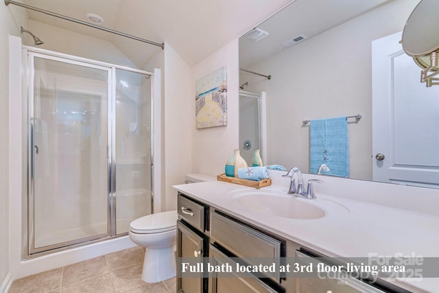17231 Rider Wood Ln, Charlotte, NC 28278 - full bathroom with vanity, a shower stall, toilet, and tile patterned floors
