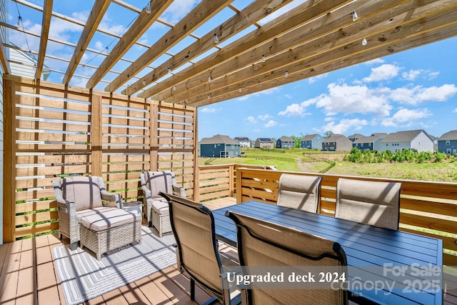 17231 Rider Wood Ln, Charlotte, NC 28278 - wooden terrace with a pergola, a residential view, and an outdoor hangout area