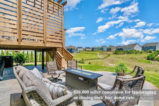 17231 Rider Wood Ln, Charlotte, NC 28278 - view of patio with a deck, stairs, a residential view, an outdoor living space with a fire pit, and a pergola