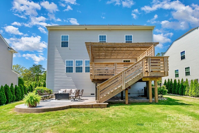17231 Rider Wood Ln, Charlotte, NC 28278 - rear view of house featuring outdoor lounge area, a wooden deck, a patio, and a lawn