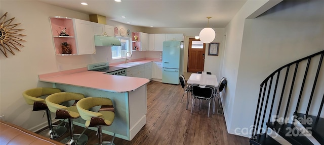 219 Flat Creek Rd, Black Mountain, NC 28711 - kitchen featuring refrigerator, open shelves, under cabinet range hood, a sink, and stainless steel electric range