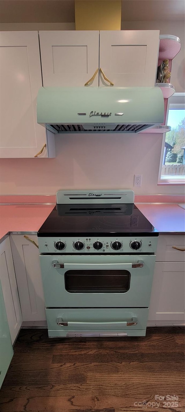 219 Flat Creek Rd, Black Mountain, NC 28711 - kitchen with dark wood-type flooring, white cabinetry, and electric range oven
