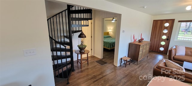 219 Flat Creek Rd, Black Mountain, NC 28711 - foyer with ceiling fan, visible vents, stairway, wood finished floors, and baseboards