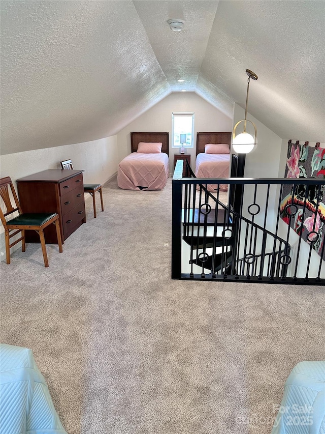 219 Flat Creek Rd, Black Mountain, NC 28711 - bedroom featuring a textured ceiling, carpet, and lofted ceiling