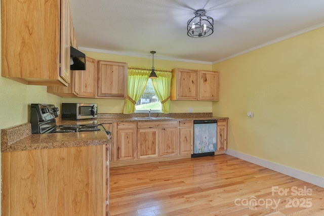 963 Kenham Pl SW, Lenoir, NC 28645 - kitchen with stainless steel microwave, light brown cabinets, ornamental molding, dishwashing machine, and light wood finished floors