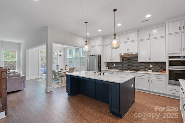 1390 Cedardale Ln, Denver, NC 28037 - kitchen with appliances with stainless steel finishes, under cabinet range hood, wood finished floors, white cabinets, and recessed lighting