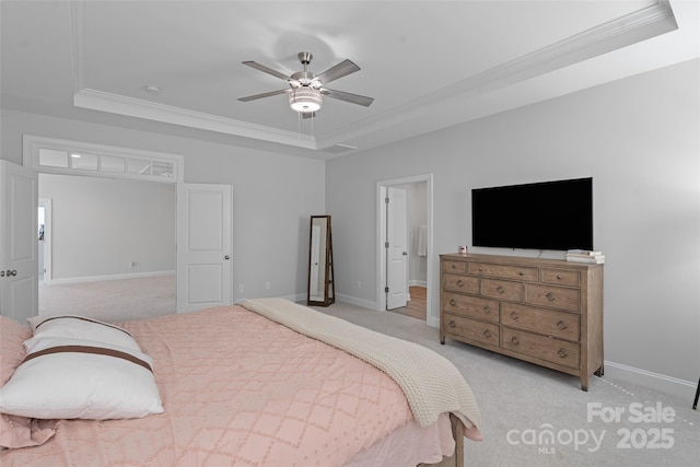 1390 Cedardale Ln, Denver, NC 28037 - bedroom with a raised ceiling, light carpet, crown molding, baseboards, and ceiling fan