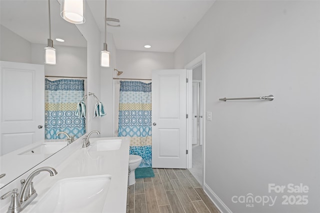 1390 Cedardale Ln, Denver, NC 28037 - full bath featuring toilet, wood finish floors, double vanity, and curtained shower