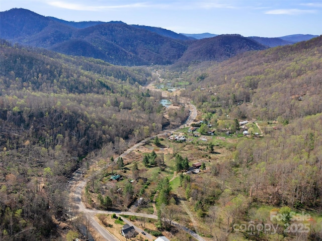 bird's eye view featuring a forest view and a mountain view