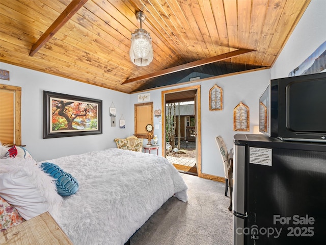 bedroom featuring vaulted ceiling, wooden ceiling, baseboards, carpet flooring, and access to outside