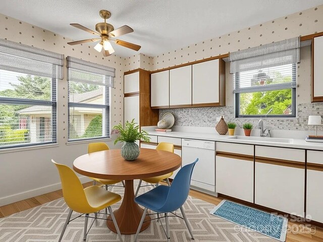 kitchen featuring a wealth of natural light, white dishwasher, light countertops, and a sink