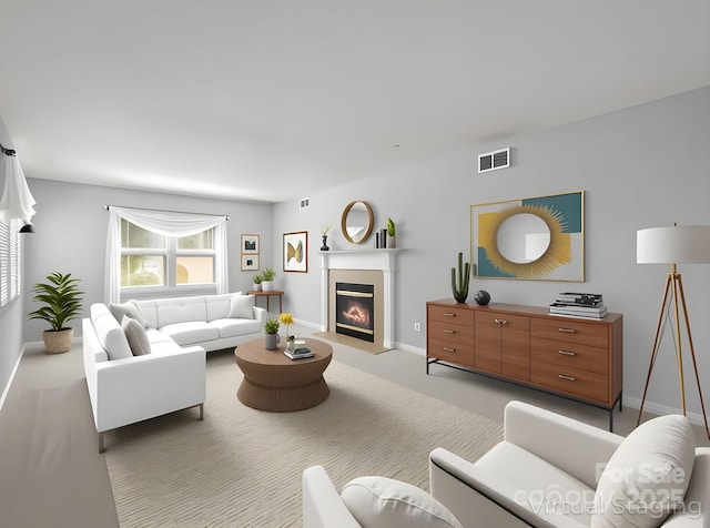 living room with baseboards, a glass covered fireplace, visible vents, and carpet