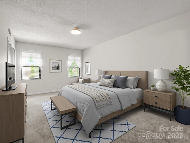 bedroom featuring a textured ceiling, baseboards, light carpet, and visible vents