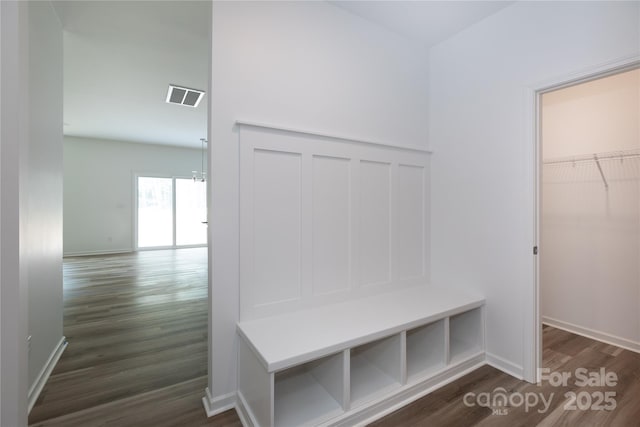 6223 Rockwell Blvd W, Charlotte, NC 28269 - mudroom featuring dark wood-type flooring, visible vents, and baseboards