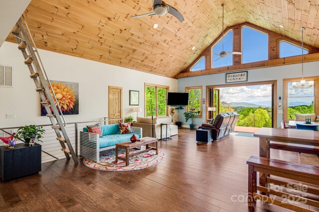 living room with wood ceiling, visible vents, a ceiling fan, hardwood / wood-style floors, and high vaulted ceiling